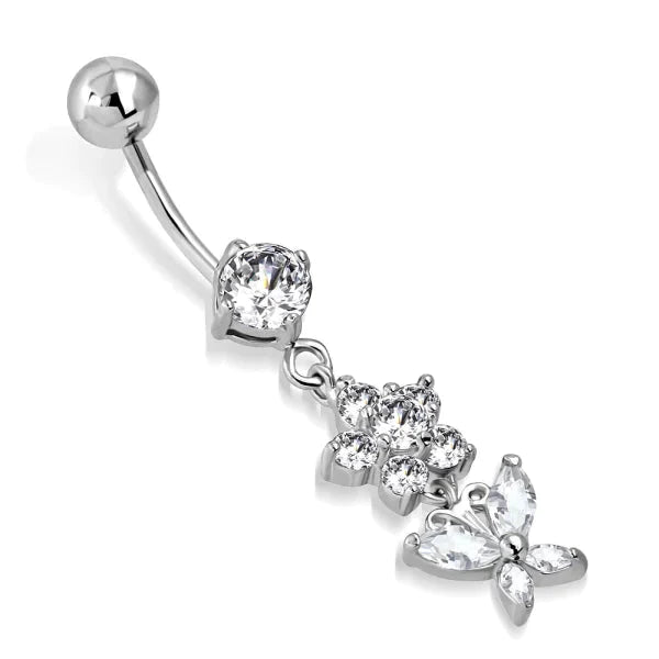 Stalen Navelpiercing Met Hanger Bloem met vlinder 1.6mm 10mm alles Aramat Jewels bloem chirurgisch staal dames dier Met_hanger Navel Navelpiercing met hanger navelpiercings piercing Piercings PVD Staal transparant vlinder Volwassenen zilverkleurig zirkonia