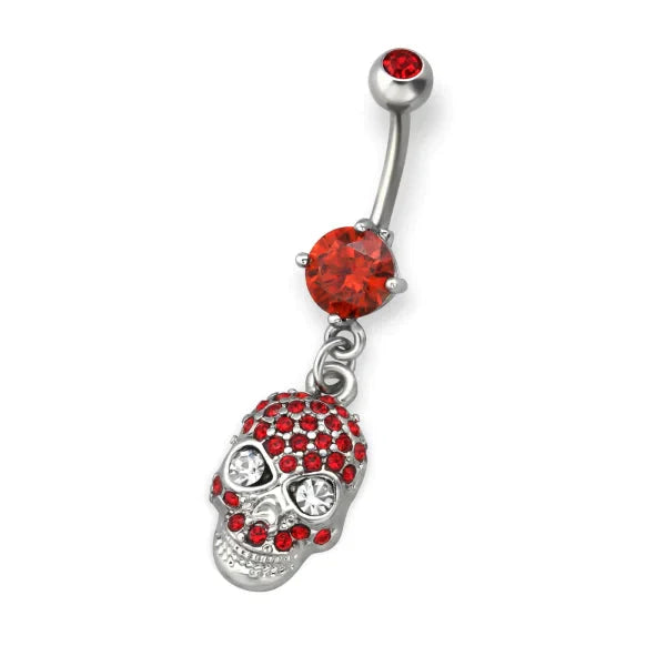 Stalen Navelpiercing Met Hanger Doodshoofd Rood 1.6mm 10mm alles Aramat Jewels chirurgisch staal dames doodskop fantasie Met_hanger Navel Navelpiercing met hanger navelpiercings piercing Piercings PVD rood Staal transparant Volwassenen zilverkleurig zirkonia