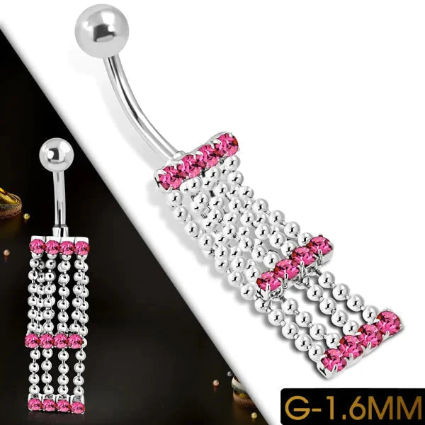 Navelpiercing met Roze Zirkonia en Zilverkleurige Kettinkjes 1.6mm 10mm alles Aramat Jewels chirurgisch staal dames Met_hanger Met_ketting nakijken Navel Navelpiercing met hanger navelpiercings piercing Piercings PVD roze Staal Volwassenen zilverkleurig zirkonia