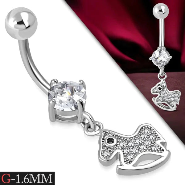 Chirurgisch Stalen Navelpiercing Met Hanger Hobbel Paard 1.6mm 10mm alles Aramat Jewels chirurgisch staal dames dier Met_hanger Met_ketting nakijken Navel Navelpiercing met hanger navelpiercings paard piercing Piercings PVD Staal Volwassenen zilverkleurig zirkonia