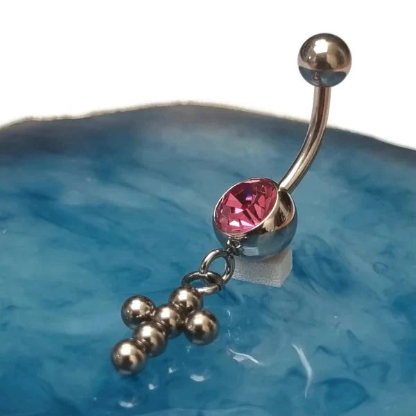 Chirurgisch Stalen Navelpiercing Met Hanger Kruisje 1.6mm 10mm alles Aramat Jewels bolletjes chirurgisch staal dames kruis Met_hanger nakijken Navel Navelpiercing met hanger navelpiercings piercing Piercings PVD roze Staal Volwassenen zilverkleurig zirkonia