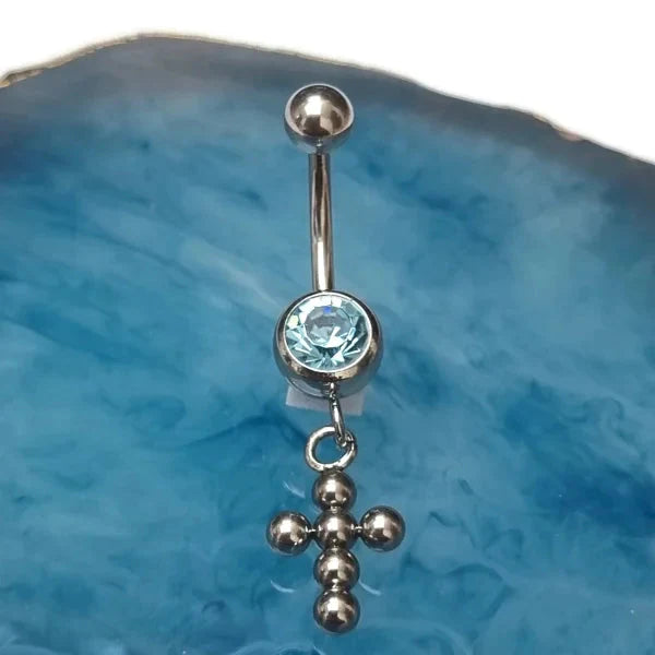 Chirurgisch Stalen Navelpiercing Met Hanger Kruisje 1.6mm 10mm alles aqua Aramat Jewels blauw bolletjes chirurgisch staal dames kruis Licht_blauw Met_hanger nakijken Navel Navelpiercing met hanger navelpiercings piercing Piercings PVD Staal Volwassenen zilverkleurig zirkonia