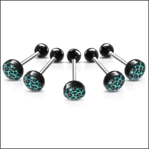 Chirurgisch Stalen Tongpiercing Dierenprint- Luipaard-print-Blauw 1.6mm 16mm 7mm acryl alles Aramat Jewels Barbell chirurgisch staal dames dier Geen hanger Geen_steen heren Meerdere kleuren Meerdere Varianten panter piercing Piercings PVD Staal Tong tongpiercings uniseks Volwassenen zwart