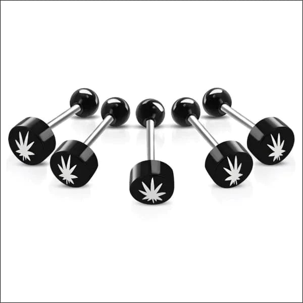 Stalen logo Tongpiercing met Motief Wietblad 1.6mm 16mm 8mm acryl alles Aramat Jewels Barbell chirurgisch staal dames fantasie Geen hanger Geen_steen heren piercing Piercings PVD Staal Tong tongpiercings uniseks Volwassenen wit zilverkleurig Zonder_steen zwart