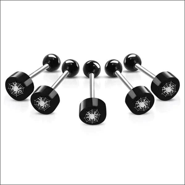 Stalen logo Tongpiercing met Motief Spin met web 1.6mm 16mm 8mm acryl alles Aramat Jewels Barbell chirurgisch staal dames fantasie Geen hanger Geen_steen heren piercing Piercings PVD Staal Tong tongpiercings uniseks Volwassenen wit zilverkleurig Zonder_steen zwart