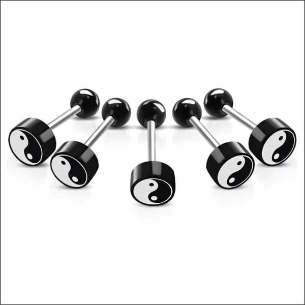 Stalen logo Tongpiercing met Motief YingYang 1.6mm 16mm 8mm acryl alles Aramat Jewels Barbell chirurgisch staal dames fantasie Geen hanger Geen_steen heren piercing Piercings PVD Staal Tong tongpiercings uniseks Volwassenen wit zilverkleurig Zonder_steen zwart