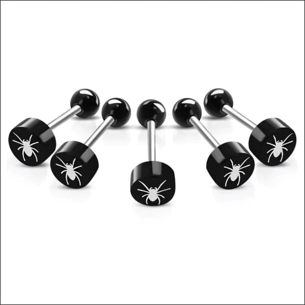 Stalen logo Tongpiercing met Motief Spin 1.6mm 16mm 8mm acryl alles Aramat Jewels Barbell chirurgisch staal dames fantasie Geen hanger Geen_steen heren piercing Piercings PVD Staal Tong tongpiercings uniseks Volwassenen wit zilverkleurig Zonder_steen zwart