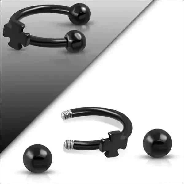 Chirurgisch Stalen Zwarte Horseshoe Kruisje Zwart Staal 1.2mm 10mm 8720157019282 alles Aramat Jewels chirurgisch staal Circular_barbell Gebogen barbell hel336-bds018 Helix helixpiercings Kleur_Zwart kruis nakijken niet geupdated Oor Piercings PVD Staal tekst unisex Volwassenen Wenkbrauw zwart
