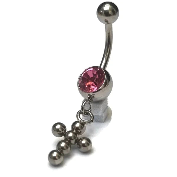 Chirurgisch Stalen Navelpiercing Met Hanger Kruisje 1.6mm 10mm alles Aramat Jewels bolletjes chirurgisch staal dames kruis Met_hanger nakijken Navel Navelpiercing met hanger navelpiercings piercing Piercings PVD roze Staal Volwassenen zilverkleurig zirkonia