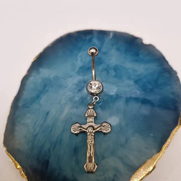Chirurgisch Stalen Navelpiercing Met Hanger Kruis 1.6mm 10mm alles Aramat Jewels chirurgisch staal dames jin kruis Met_hanger nakijken Navel Navelpiercing met hanger navelpiercings piercing Piercings PVD Staal transparant Volwassenen zilverkleurig zirkonia