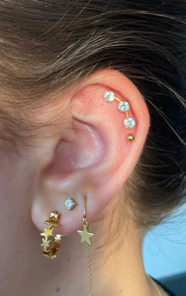 Helixpiercing 3 Steentjes Kristal Goudkleurig Transparant 1.2mm 15mm 6mm alles Barbell chirurgisch staal dames goudkleurig Helix helixpiercings jin kristal Met_steen nakijken Oor piercing Piercings PVD Staal tekst transparant Volwassenen