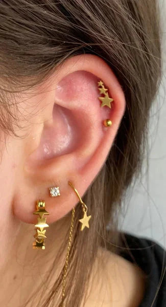 Helixpiercing 3 Sterretjes Goudkleurig Chirurgisch Staal 1.2mm 3 sterren 6mm alles Barbell chirurgisch staal dames fantasie goudkleurig Helix helixpiercings jin nakijken Oor piercing Piercings PVD Staal ster Sterretje tekst Volwassenen Zonder_steen