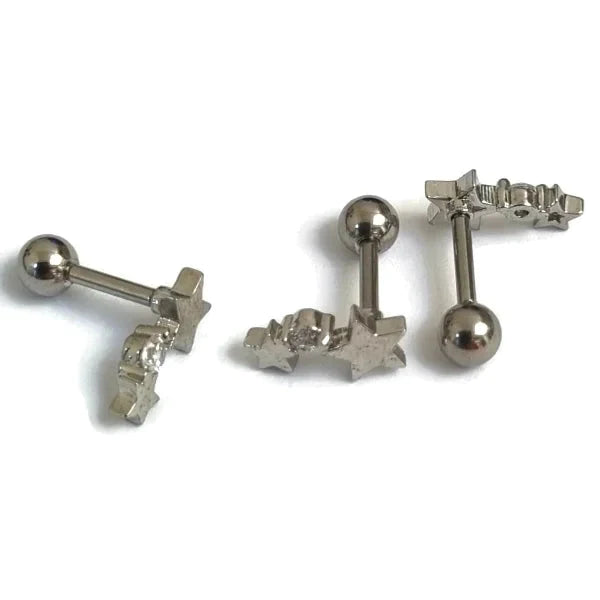 Helixpiercing Bar 2 Sterretjes Zirkonia Zilverkleur Rechts 1.2mm 2 sterren 6mm alles Barbell chirurgisch staal dames fantasie Helix helixpiercings jin Met_steen nakijken Oor piercing Piercings PVD rechts Staal ster Sterretje Stud tekst transparant Volwassenen zilverkleurig zirkonia