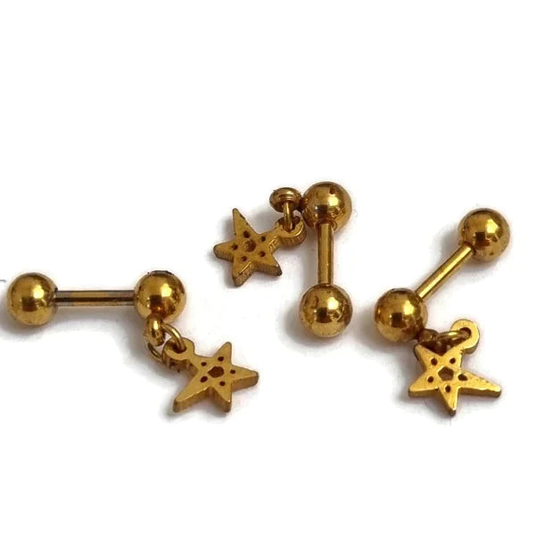 Helixpiercing Met Hanger Ster Chirurgisch Staal 1.2mm 6mm alles Barbell chirurgisch staal dames goudkleurig Helix helixpiercings jin Met_hanger nakijken Oor piercing Piercings PVD Staal ster Sterretje tekst Volwassenen Zonder_steen