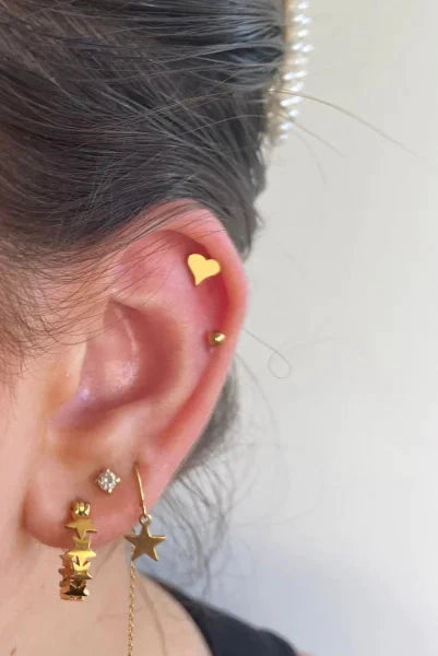 Helixpiercing Piercing Hartje Goudkleurig Chirurgisch Staal 1.2mm 6mm alles Barbell chirurgisch staal dames goudkleurig hart Helix helixpiercings jin nakijken Oor piercing Piercings PVD Staal tekst Volwassenen
