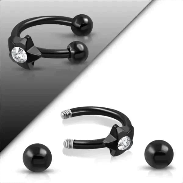Chirurgisch Stalen Zwarte Horseshoe Ster Zwart Staal 1.2mm 1.2mm 10mm 8720157019275 alles Aramat Jewels chirurgisch staal Circular_barbell Gebogen barbell hel335-bds053 Helix helixpiercings Kleur_Zwart nakijken niet geupdated Oor Piercings PVD Staal ster tekst unisex Volwassenen Wenkbrauw zwart