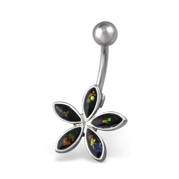 Chirurgisch Stalen Navelpiercing Bloem Zwart Opaal 1.6mm 10mm alles Aramat Jewels bloem chirurgisch staal dames multikleurig nakijken Navel Navelpiercing zonder hanger navelpiercings opaal piercing Piercings PVD Staal Volwassenen zilverkleurig zirkonia Zonder_hanger zwart