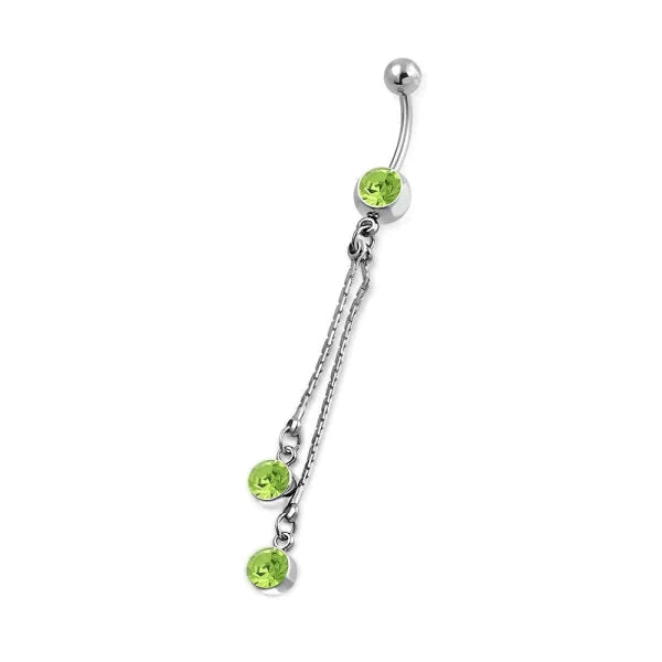 Chirurgisch Stalen Navelpiercing Met Kettinkjes Groen 1.6mm 10mm alles Aramat Jewels chirurgisch staal dames groen licht_groen Met_hanger Met_ketting Navel Navelpiercing met hanger navelpiercings piercing Piercings PVD Staal Volwassenen zilverkleurig zirkonia