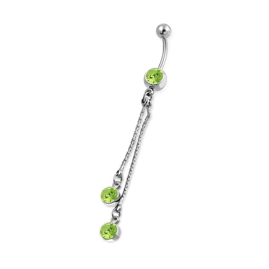 Chirurgisch Stalen Navelpiercing Met Kettinkjes Groen 1.6mm 10mm alles Aramat Jewels chirurgisch staal dames groen licht_groen Met_hanger Met_ketting Navel Navelpiercing met hanger navelpiercings piercing Piercings PVD Staal Volwassenen zilverkleurig zirkonia