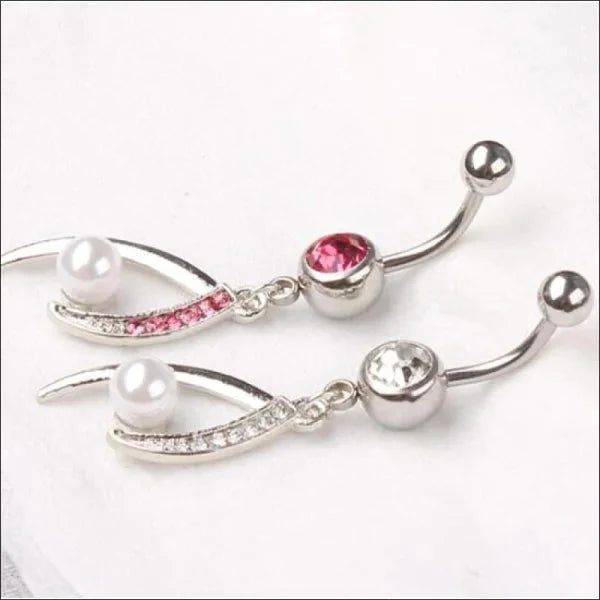 Navelpiercing Met Hanger Parel En Roze Strass 1.6mm 10mm alles Chirurgisch staal dames kristal Met_hanger Navel Navelpiercing met hanger navelpiercings parel piercing Piercings PVD roze Staal Volwassenen wit zilverkleurig