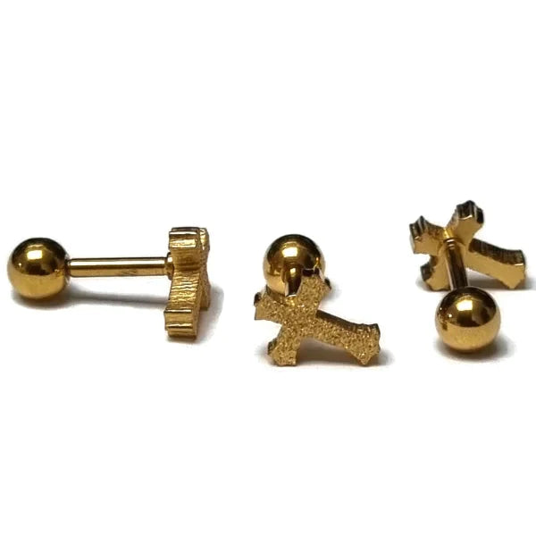 Sandblasted Helixpiercing Kruisje Goudkleurig Chirurgisch 1.2mm 6mm alles Barbell chirurgisch staal dames goudkleurig Helix helixpiercings jin kruis kruisje nakijken Oor piercing Piercings PVD sandblasted Staal tekst Volwassenen Zonder_steen