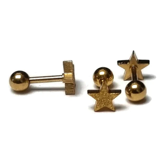 Sandblasted Helixpiercing Ster 6mm Goudkleurig Chirurgisch 1.2mm 6mm alles Barbell chirurgisch staal dames goudkleurig Helix helixpiercings jin nakijken Oor piercing Piercings PVD sandblasted Staal ster Sterretje tekst Volwassenen Zonder_steen