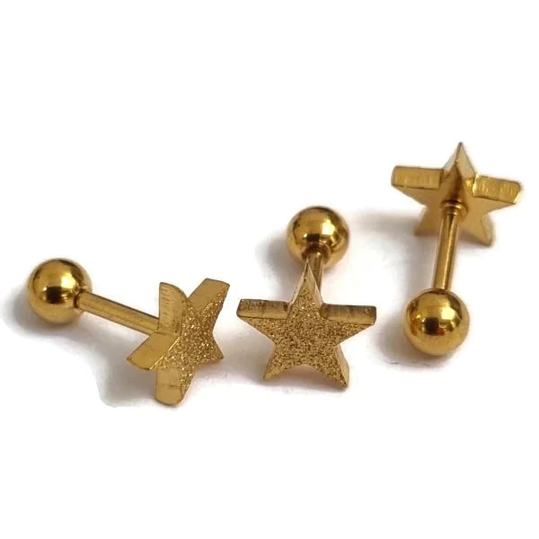 Sandblasted Helixpiercing Ster 8mm Goudkleurig Chirurgisch 1.2mm 6mm alles Barbell chirurgisch staal dames goudkleurig Helix helixpiercings jin nakijken Oor piercing Piercings PVD sandblasted Staal ster Sterretje tekst Volwassenen Zonder_steen