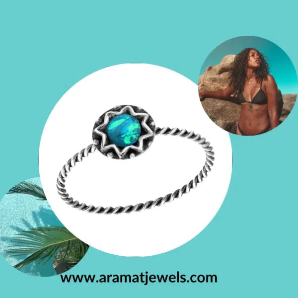Echt Zilveren Dames Ring Blauwe Opaal 8mm alles bali blauw dames elf925 geometrisch geoxideerd Meerdere Maten Met_steen Minimalistische ring opaal ringen ringmaat_16 ringmaat_17 ringmaat_18 ringmaat_8 rond silver Volwassenen zilver zomer