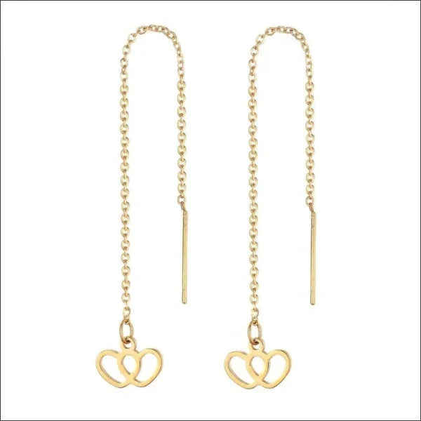 Stalen Goudkleurige Doortrek Oorbellen Met Kettinkje 2 hartjes 10mm 2 hartjes 8720157038504 9cm alles Aramat Jewels chirurgisch staal cirkel cirkel met kruisje dames doortrekoorbellen fgift Geen edelsteen Geen hanger Geen oormodel Geen steen gepolijst goudkleurig Hamsa Hand hart Hartje Kroon Meerdere Varianten met ketting Met_ketting Nieuw oorbellen PVD Sleutel Staal Volwassenen Zeester Zonder_steen zweerknopjes