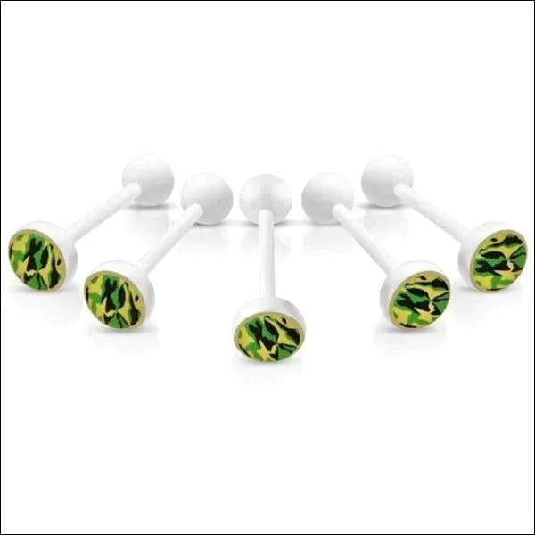 Witte Tongpiercing met logo Camouflage-Groen 1.6mm 16mm 8mm alles Aramat Jewels Barbell bioplast dames Geen hanger Geen_steen heren Meerdere Varianten piercing Piercings Tong Tongpiercings uniseks Volwassenen wit