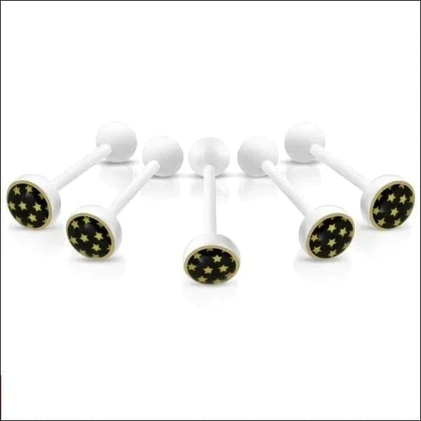 Witte Tongpiercing met logo Kleine-Sterretjes 1.6mm 16mm 8mm alles Aramat Jewels Barbell bioplast dames Geen hanger Geen_steen heren Meerdere Varianten piercing Piercings Tong Tongpiercings uniseks Volwassenen wit