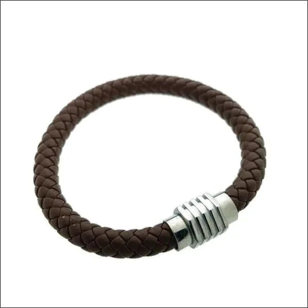 Gevlochten Leren Armband Bruin Heren 22cm 8mm 22cm 8mm alles Armbanden bruin chirurgisch staal dames gevlochten heren leer Lerenarmband magneetsluiting nakijken PVD Staal tekst uniseks Volwassenen zilverkleurig Zonder_hanger Zonder_steen