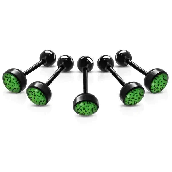 Bioplast Tongpiercing Zwart - Dierenhuid Spots-Fel Groen 1.6mm 16mm 6mm 8720157018261 acryl alles Aramat Jewels Barbell bioplast dier Meerdere Varianten PVD Staal Tong tong226-inb492 Tongpiercings Volwassenen zwart