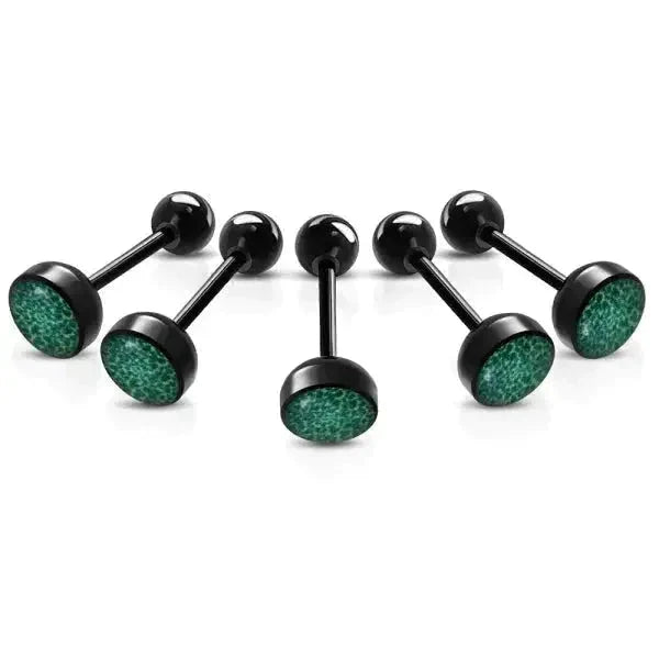 Bioplast Tongpiercing Zwart - Dierenhuid Spots-Groen 1.6mm 16mm 6mm 8720157018261 acryl alles Aramat Jewels Barbell bioplast dier Meerdere Varianten PVD Staal Tong tong226-inb492 Tongpiercings Volwassenen zwart