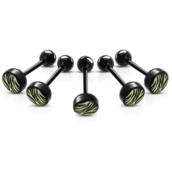 Bioplast Tongpiercing Zwart - Dierenhuid Zebra-Geel 1.6mm 16mm 6mm 8720157018261 acryl alles Aramat Jewels Barbell bioplast dier Meerdere Varianten PVD Staal Tong tong226-inb492 Tongpiercings Volwassenen zwart