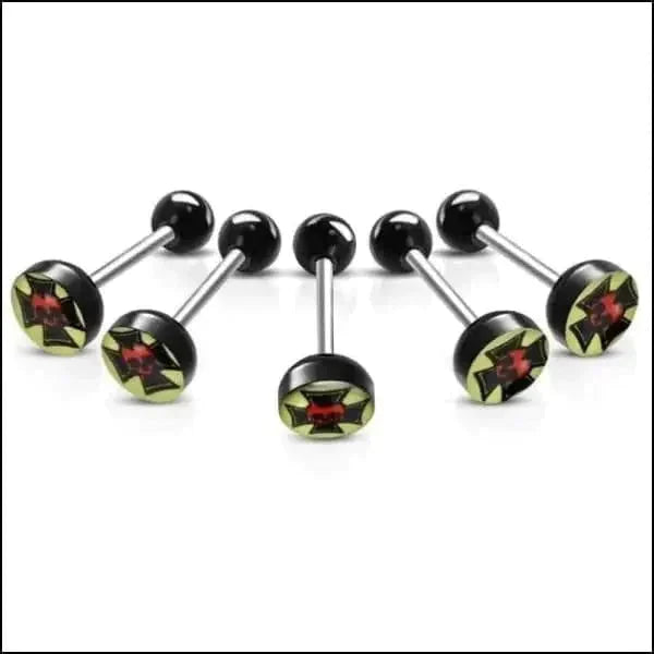 Chirurgisch Stalen Tongpiercing Logo Kruis-met-Doodshoofd 1.6mm 16mm 7mm 8720157018803 acryl alles Aramat Jewels Barbell chirurgisch staal Meerdere Varianten multikleurig Piercings PVD Staal Tong tong280-inb530 tongpiercings Volwassenen zwart