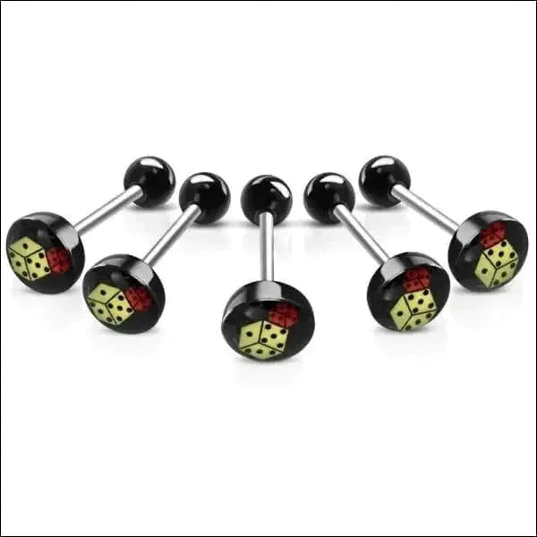 Chirurgisch Stalen Tongpiercing Logo Dobbelstenen 1.6mm 16mm 7mm 8720157018803 acryl alles Aramat Jewels Barbell chirurgisch staal Meerdere Varianten multikleurig Piercings PVD Staal Tong tong280-inb530 tongpiercings Volwassenen zwart