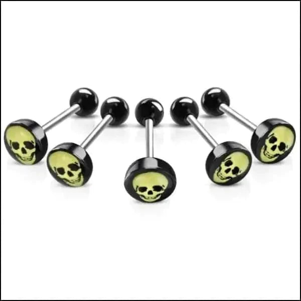Chirurgisch Stalen Tongpiercing Logo Doodskop-Geel 1.6mm 16mm 7mm 8720157018803 acryl alles Aramat Jewels Barbell chirurgisch staal Meerdere Varianten multikleurig Piercings PVD Staal Tong tong280-inb530 tongpiercings Volwassenen zwart
