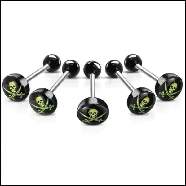 Chirurgisch Stalen Tongpiercing Logo Doodskop-met-zwaard 1.6mm 16mm 7mm 8720157018803 acryl alles Aramat Jewels Barbell chirurgisch staal Meerdere Varianten multikleurig Piercings PVD Staal Tong tong280-inb530 tongpiercings Volwassenen zwart