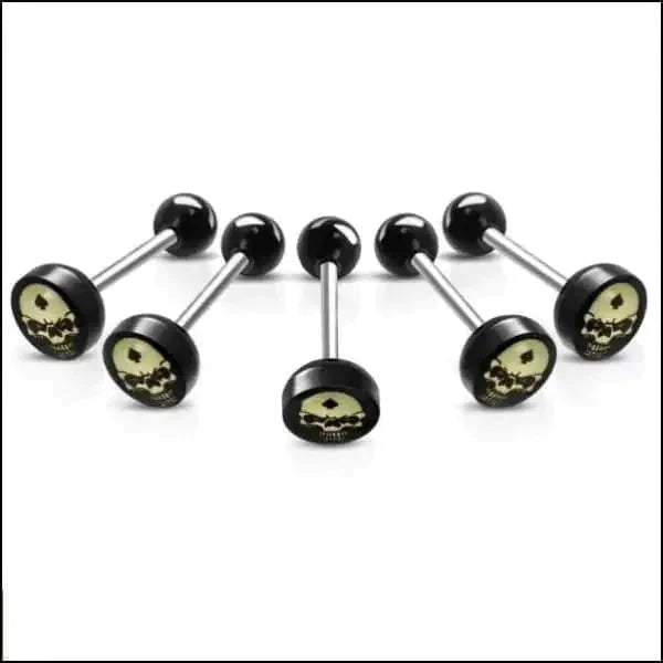 Chirurgisch Stalen Tongpiercing Logo Doodshoofd-Geel 1.6mm 16mm 7mm 8720157018803 acryl alles Aramat Jewels Barbell chirurgisch staal Meerdere Varianten multikleurig Piercings PVD Staal Tong tong280-inb530 tongpiercings Volwassenen zwart