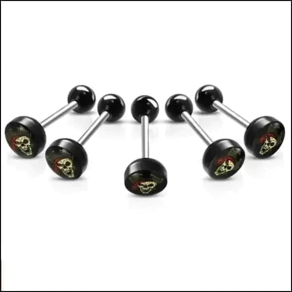 Chirurgisch Stalen Tongpiercing Logo Piraat 1.6mm 16mm 7mm 8720157018803 acryl alles Aramat Jewels Barbell chirurgisch staal Meerdere Varianten multikleurig Piercings PVD Staal Tong tong280-inb530 tongpiercings Volwassenen zwart