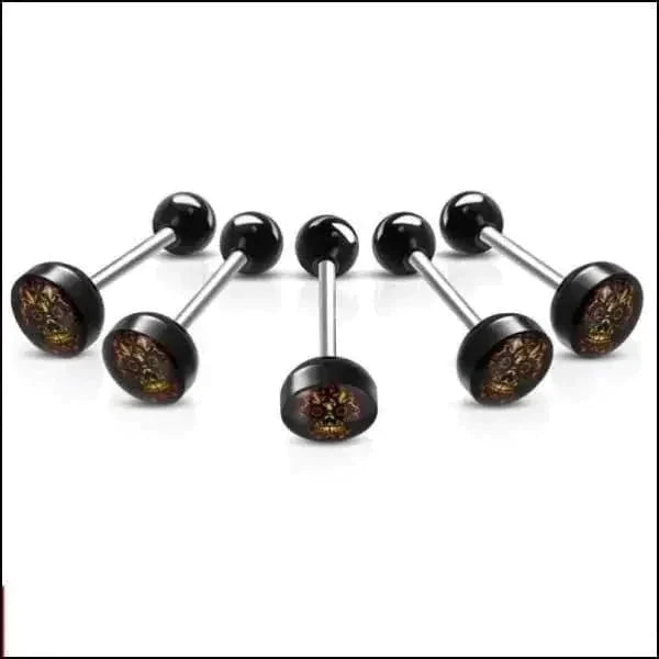 Chirurgisch Stalen Tongpiercing Logo Doodshoofd-Versiert 1.6mm 16mm 7mm 8720157018803 acryl alles Aramat Jewels Barbell chirurgisch staal Meerdere Varianten multikleurig Piercings PVD Staal Tong tong280-inb530 tongpiercings Volwassenen zwart
