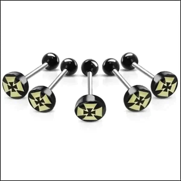 Chirurgisch Stalen Tongpiercing Logo Kruis-Geel 1.6mm 16mm 7mm 8720157018803 acryl alles Aramat Jewels Barbell chirurgisch staal Meerdere Varianten multikleurig Piercings PVD Staal Tong tong280-inb530 tongpiercings Volwassenen zwart