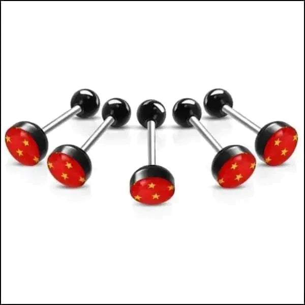 Chirurgisch Stalen Tongpiercing Logo Sterretjes-Rood-Geel 1.6mm 16mm 7mm 8720157018803 acryl alles Aramat Jewels Barbell chirurgisch staal Meerdere Varianten multikleurig Piercings PVD Staal Tong tong280-inb530 tongpiercings Volwassenen zwart