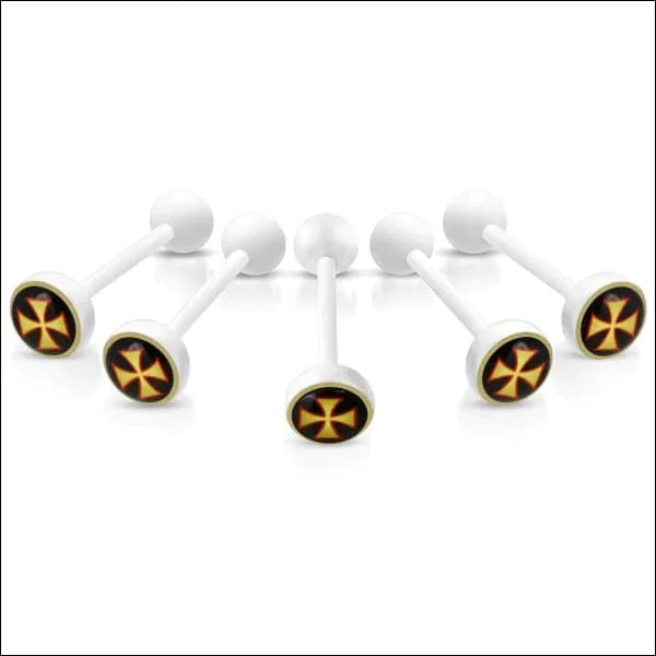 Witte Tongpiercing met logo Kruisje 1.6mm 16mm 8mm alles Aramat Jewels Barbell bioplast dames Geen hanger Geen_steen heren Meerdere Varianten piercing Piercings Tong Tongpiercings uniseks Volwassenen wit