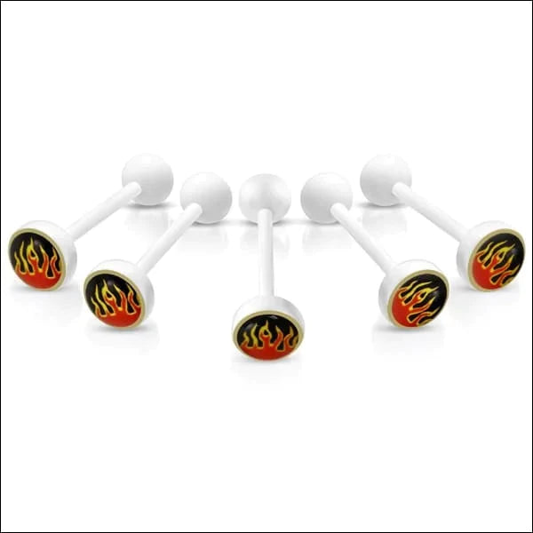 Witte Tongpiercing met logo Vlammen 1.6mm 16mm 8mm alles Aramat Jewels Barbell bioplast dames Geen hanger Geen_steen heren Meerdere Varianten piercing Piercings Tong Tongpiercings uniseks Volwassenen wit