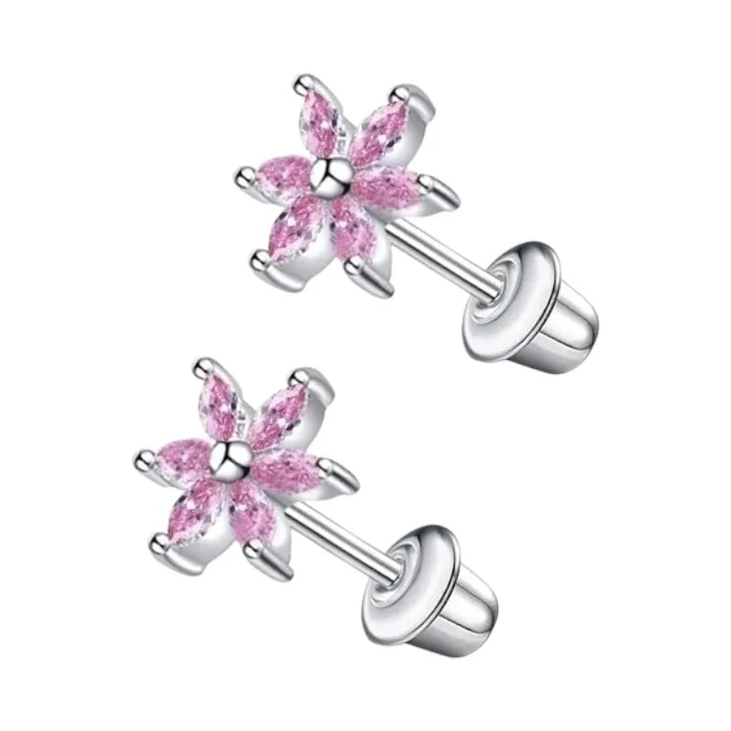 Geboortesteen Zirkonia Oktober - Roze - bloemen oorstekers - draaisluiting