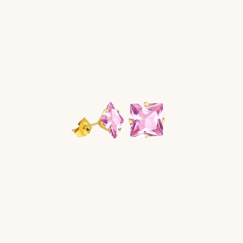 Gold-Colored Square Earrings With Pink Zirconia