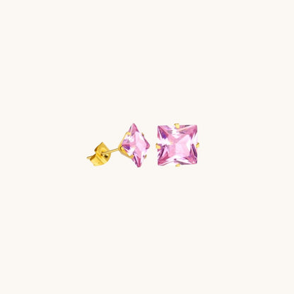 Gold-Colored Square Earrings With Pink Zirconia
