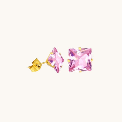 Gold-Colored Square Earrings With Pink Zirconia
